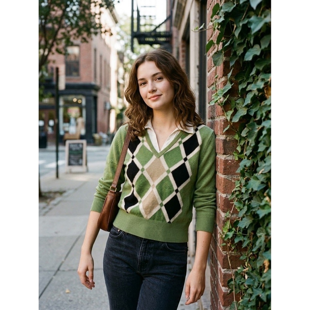 VTG United Colors of Benetton Grn Argyle Wool Bld V-Neck Sweater Made in It S